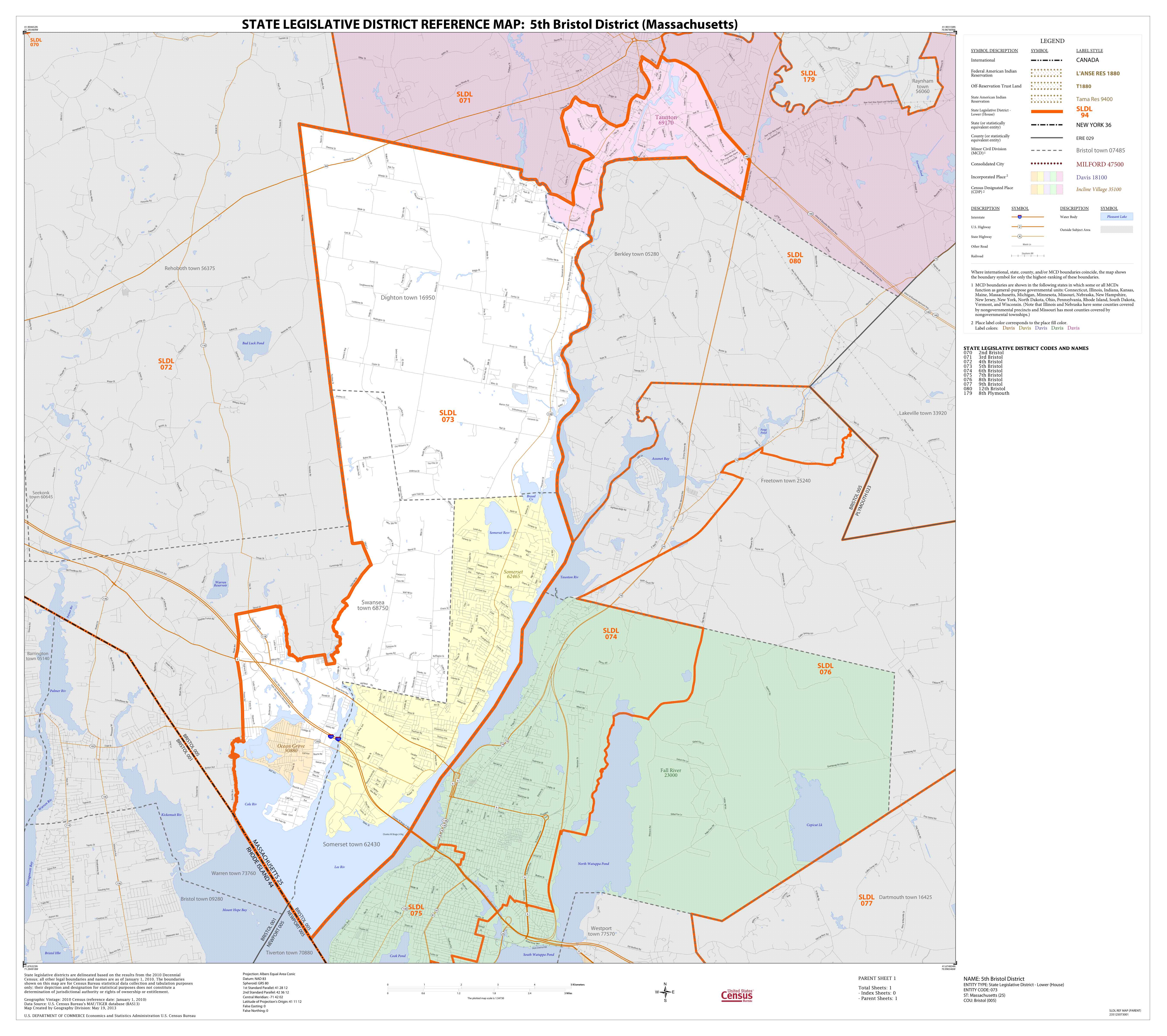State legislative district reference map of the 5th Bristol District (Massachusetts) showing Dighton, Somerset, and parts of Swansea and Taunton
