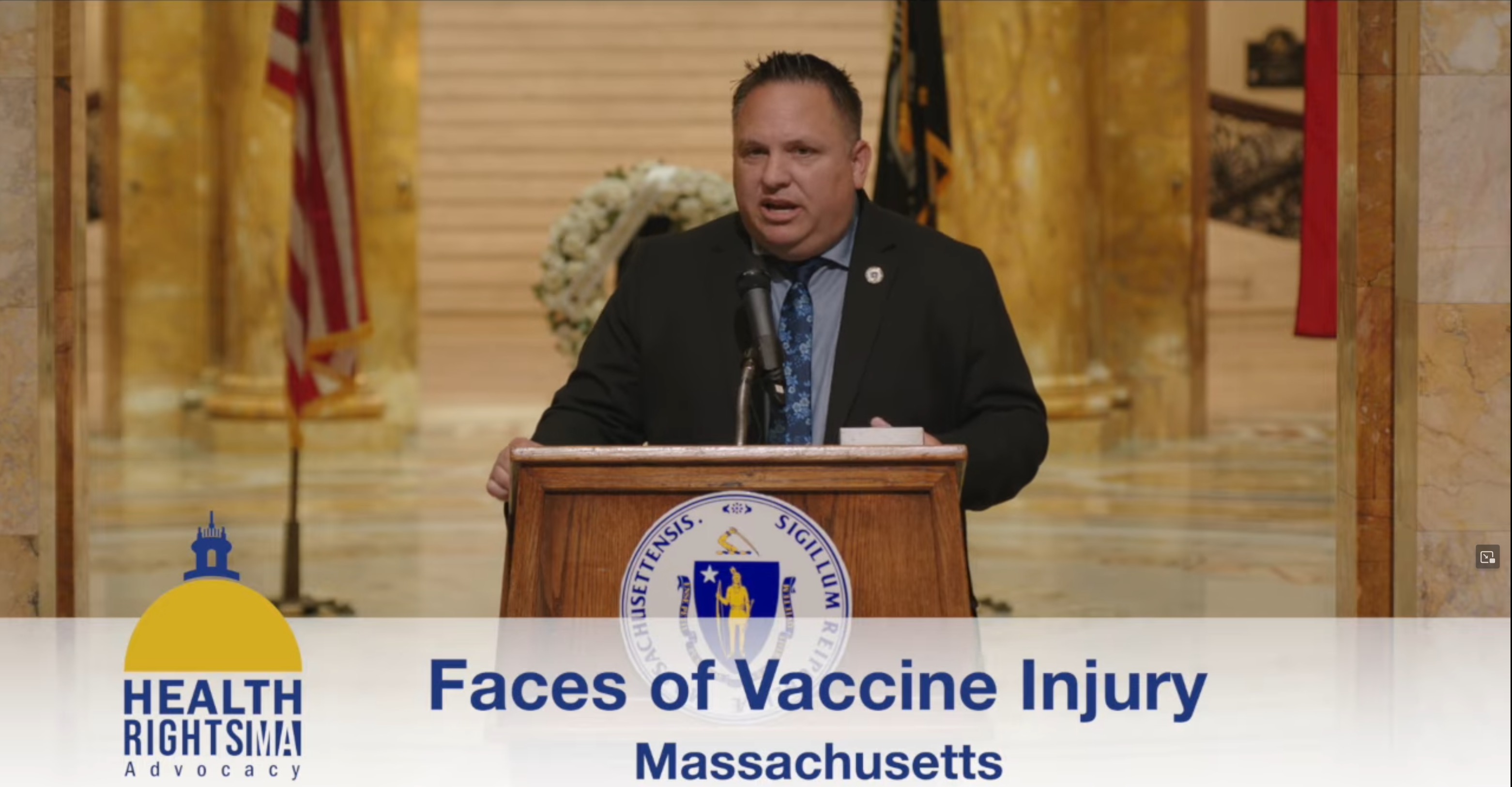 Justin Thurber speaking at the Faces of Vaccine Injury event at the Massachusetts State House
